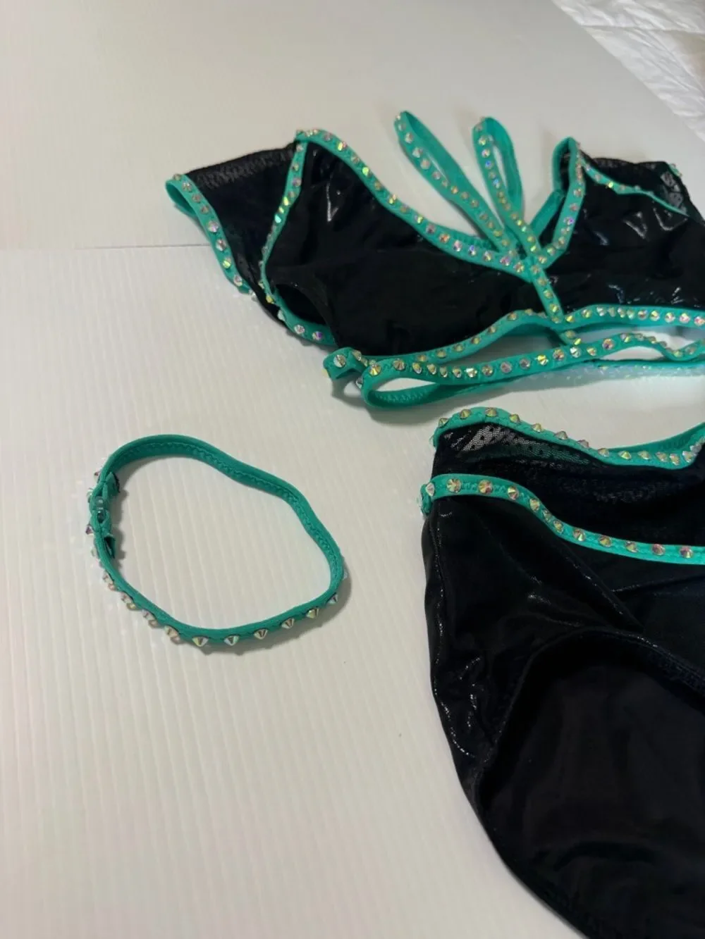 Custom dance costume leotard black aqua blue 2 piece SA-Small adult